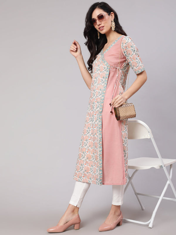 Women's White & Pink Floral Print Layered Kurta - Aks