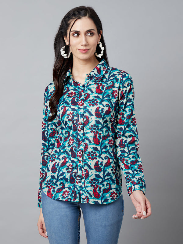 Women's Blue Floral Print Shirt - Aks