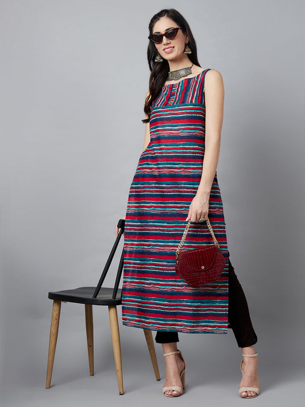 Women's Navy Blue Striped Kurta - Aks