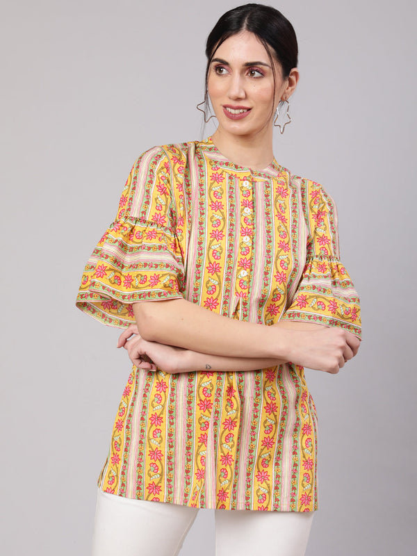 Women's Yellow Floral Print Tunic With Bell Sleeve - Aks