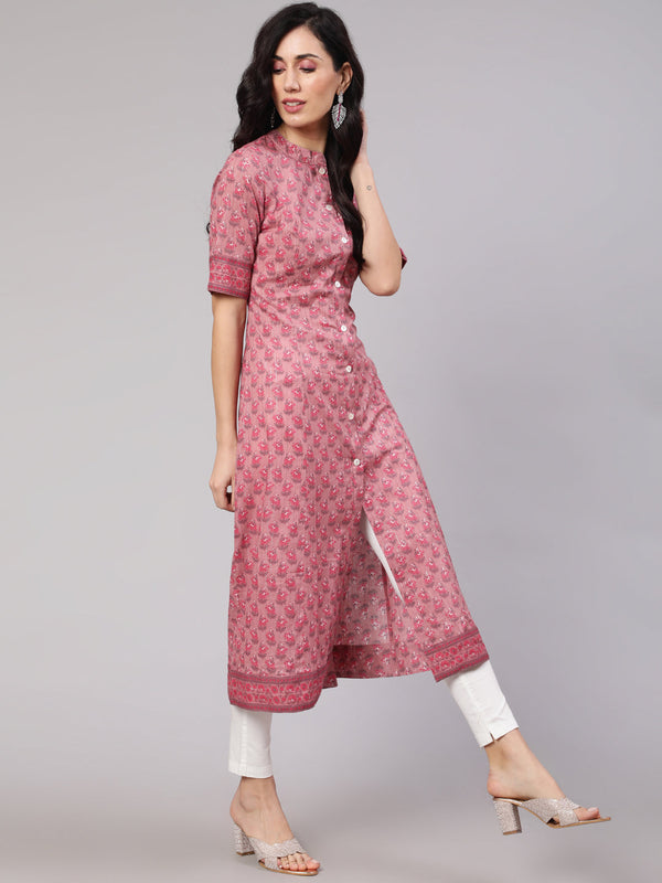 Women's Pink Floral Print Button Down Kurta - Aks