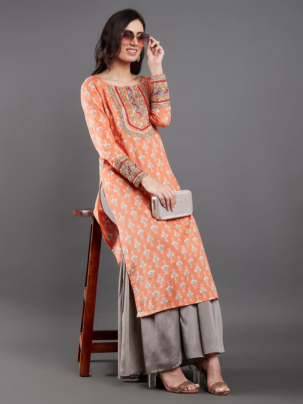 Women's Peach Printed Kurta With Lace Details - Aks