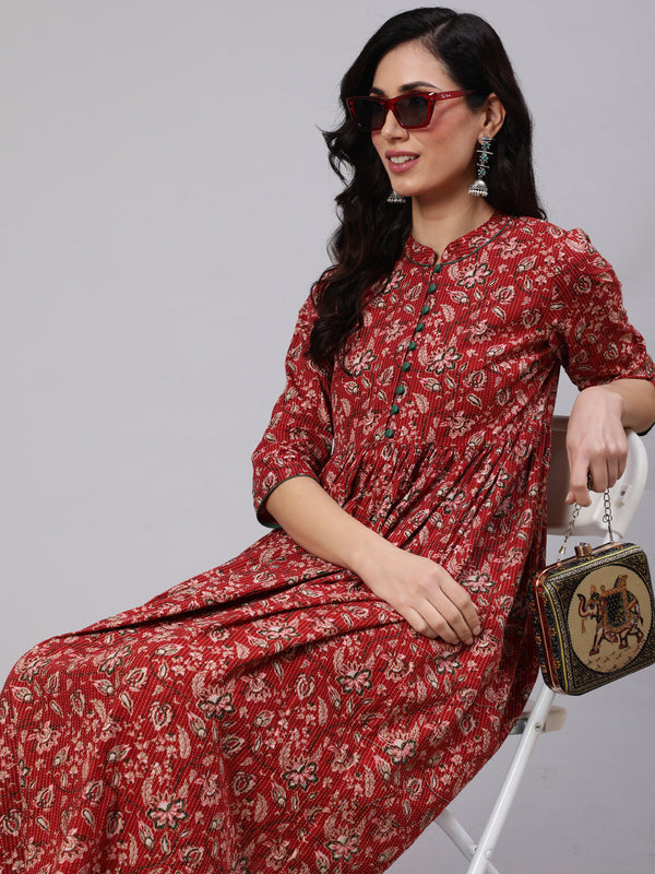 Women's Red Floral Print Kantha Work Gathered Kurta - Aks