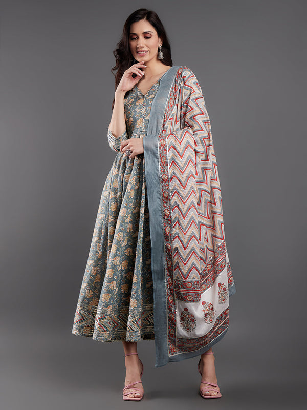 Women's Grey Floral Printed Maxi Dress With Dupatta - Aks