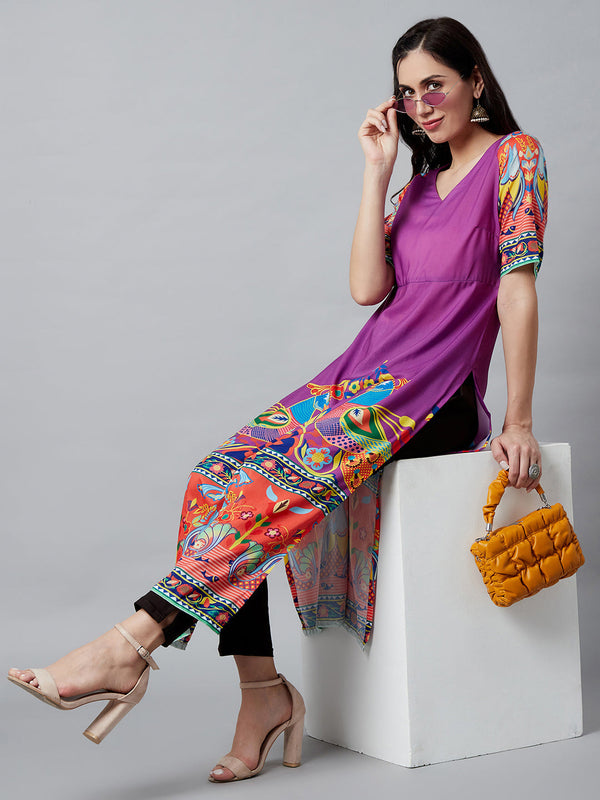 Women's Purple Digital Printed Kurta - Aks