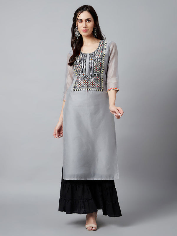 Women's Grey Embroidered Kurta - Aks