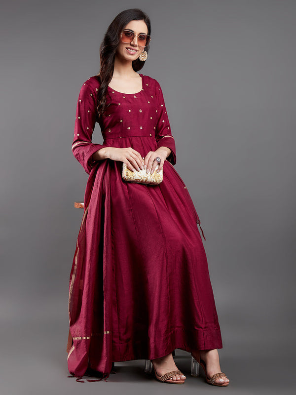 Women's Burgundy Embroidered Maxi Dress With Dupatta - Aks