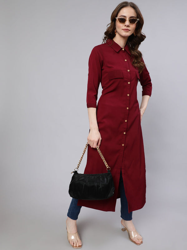 Women's Maroon Button Down Long Kurta - Aks