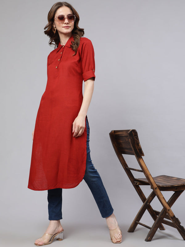 Women's Red Pathani Straight Kurta - Aks