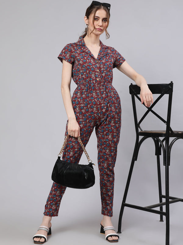 Women's Maroon Kantha Work Jumpsuit - Aks