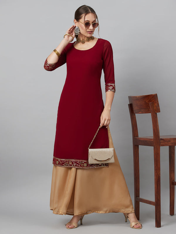 Women's Maroon Kurta With Border Details - Aks