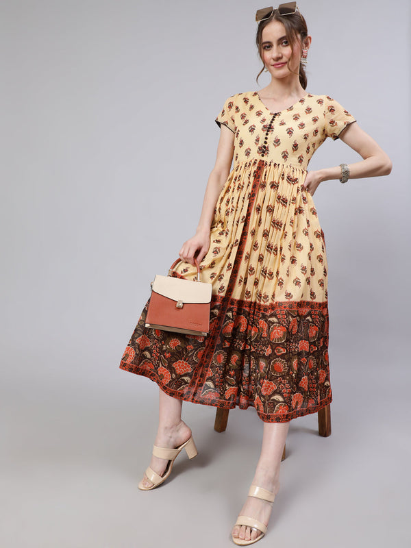 Women's Cream Ethnic Motif Dress - Aks