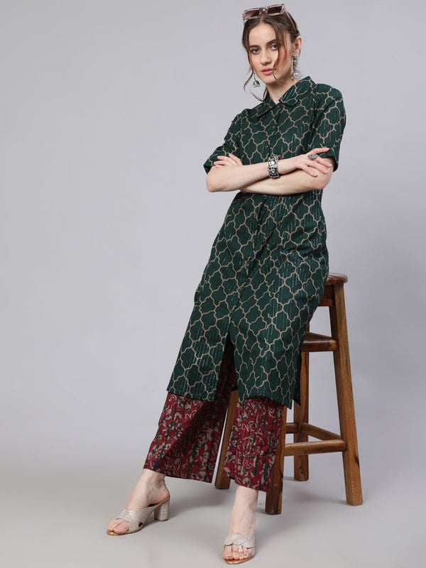 Women's Green Printed Lurex Design A-line Kurta - Aks