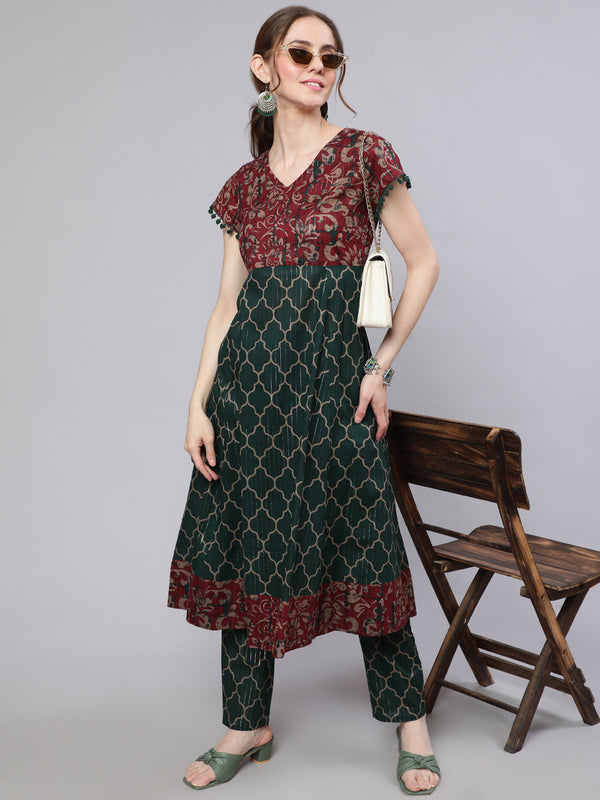 Women's Green Printed Lurex Design Anarkali - Aks