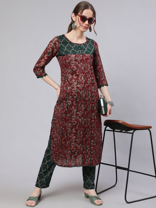 Women's Maroon Printed Straight Kurta - Aks