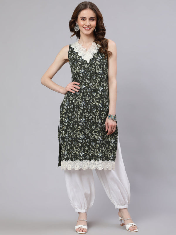 Women's Green Kantha Work Kurta With Lace Details - Aks