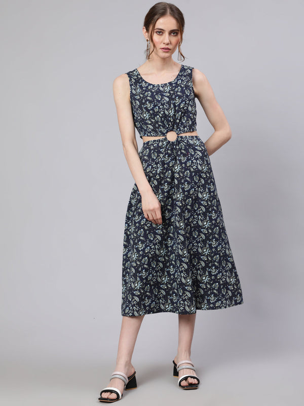 Women's Navy Blue Floral Print Cut-Out Midi Dress - Aks