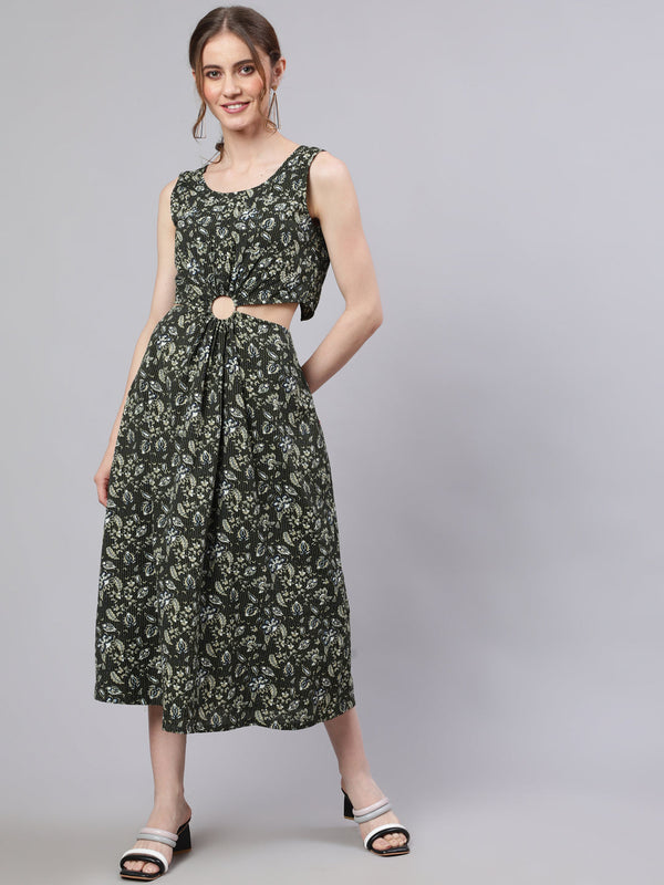 Women's Green Floral Print Cut-Out Midi Dress - Aks