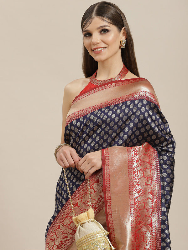 Women's Navy Blue Golden Zari Work Banarsi Saree With Blouse Piece - Aks