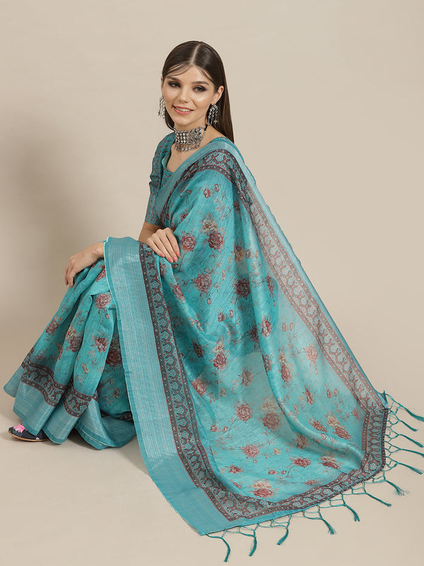 Women's Blue Floral Print Saree With Blouse Piece - Aks