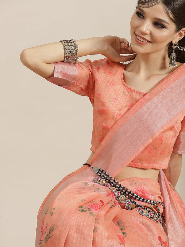 Women's Peach Floral Print Saree With Blouse Piece - Aks