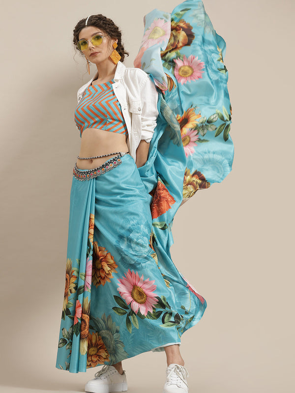 Women's Blue Floral Print Saree With Blouse Piece - Aks