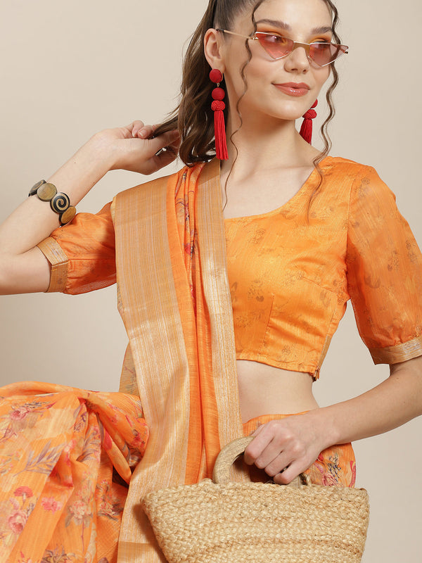 Women's Orange Floral Print Saree With Blouse Piece - Aks