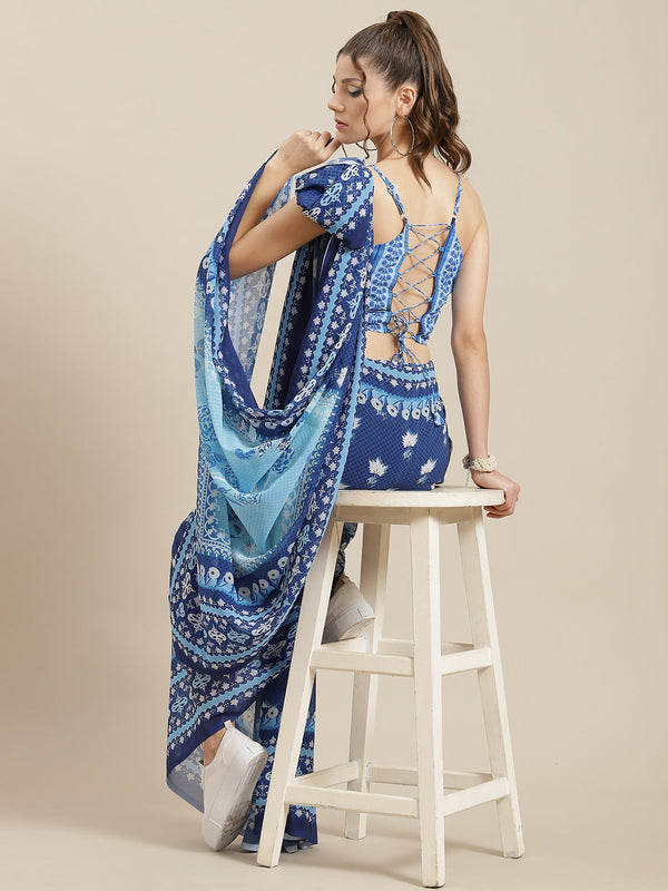 Women's Blue Floral Print Saree With Blouse Piece - Aks