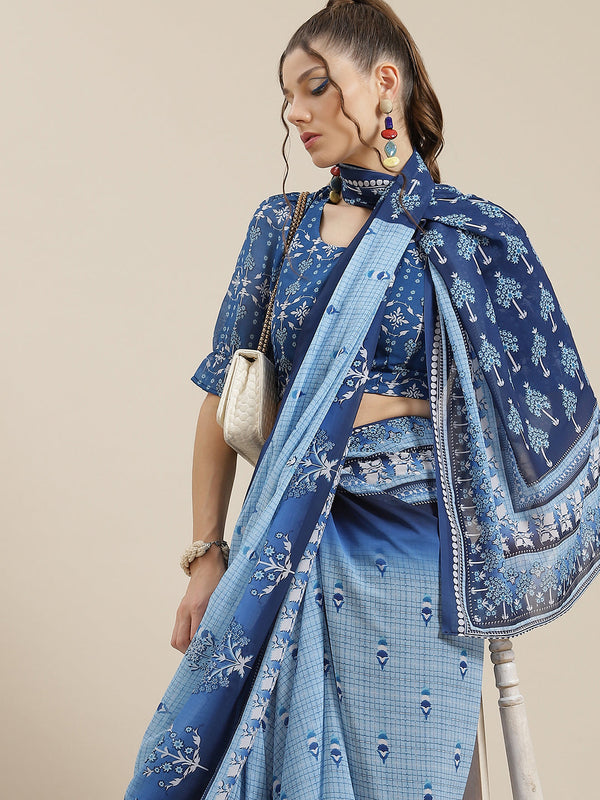 Women's Blue Floral Print Saree With Blouse Piece - Aks