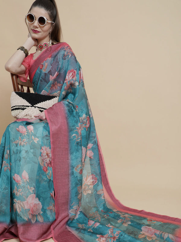 Women's Blue Floral Print Saree With Blouse Piece - Aks