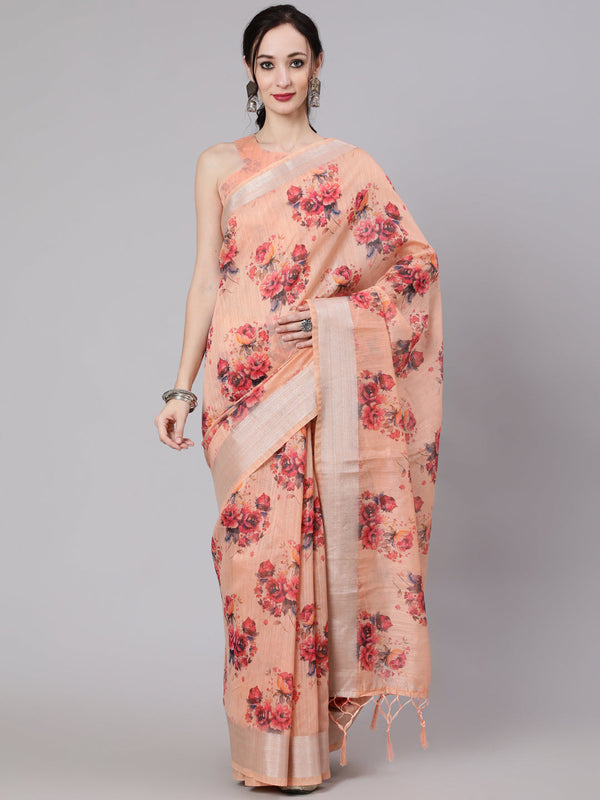 Women's Peach Floral Print Saree With Blouse Piece - Aks