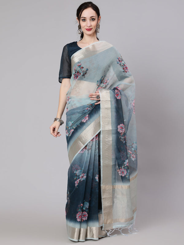 Women's Blue Floral Print Saree With Blouse Piece - Aks