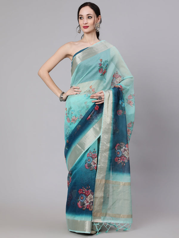 Women's Teal Blue Floral Print Saree With Blouse Piece - Aks