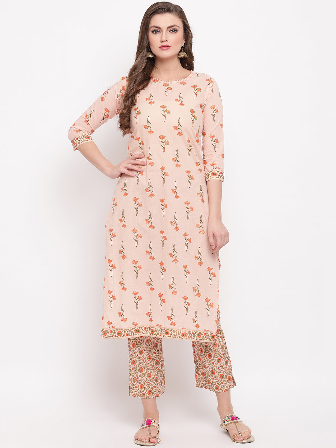 Women's Peach Cotton Kurti With Palazzo Pant By Vbuyz (2Pcs Set)