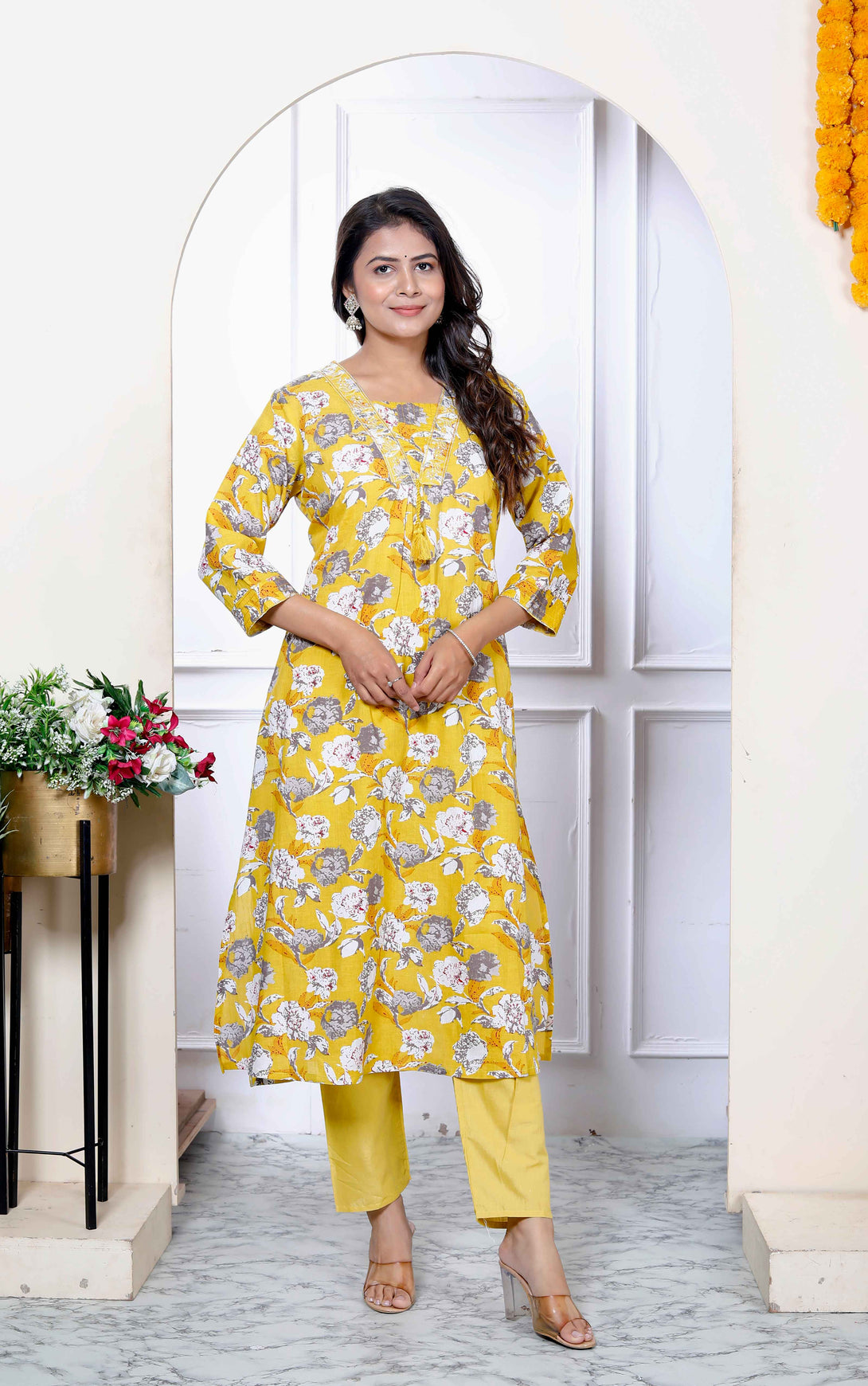 Women's Embroidery And Lace Work Yellow Pakistani Kurta With Palazzo Set - Miravan