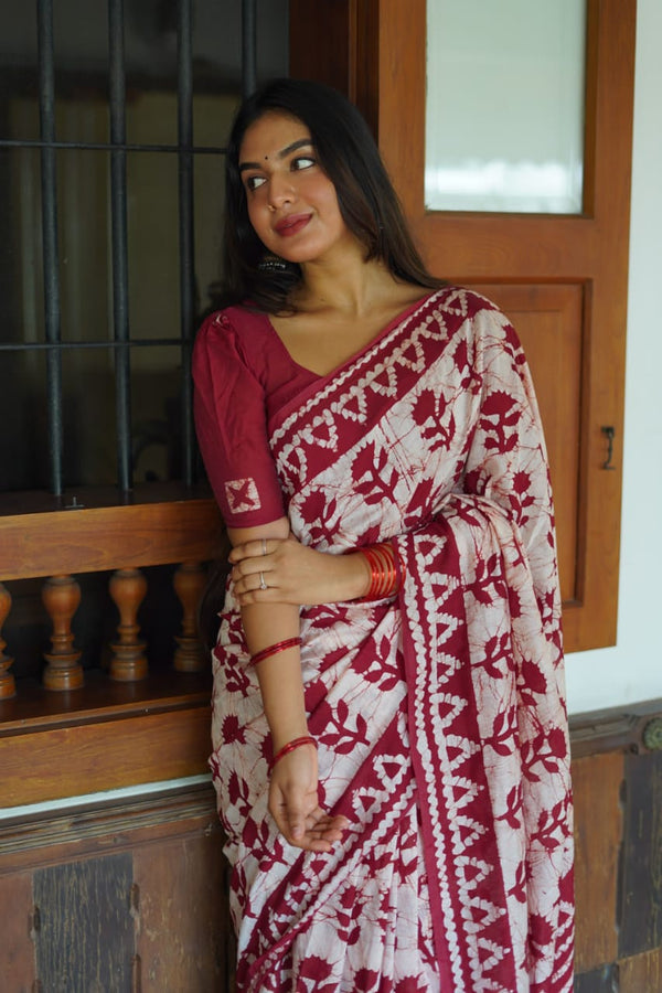 Women's Maroon Pure Chanderi Printed Saree - A2M