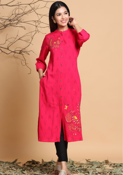 Rayon Slub Ikat Print A-Line Kurta With Mask - Juniper