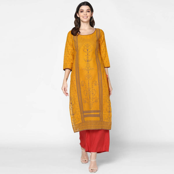 Women's Mustard 100% Cotton Hand Block Print Straight Kurta Only - Cheera