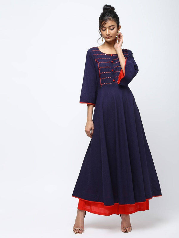 Women's Navy Blue Flair Anarkali Kurta Dress With Hand Work Design - Cheera