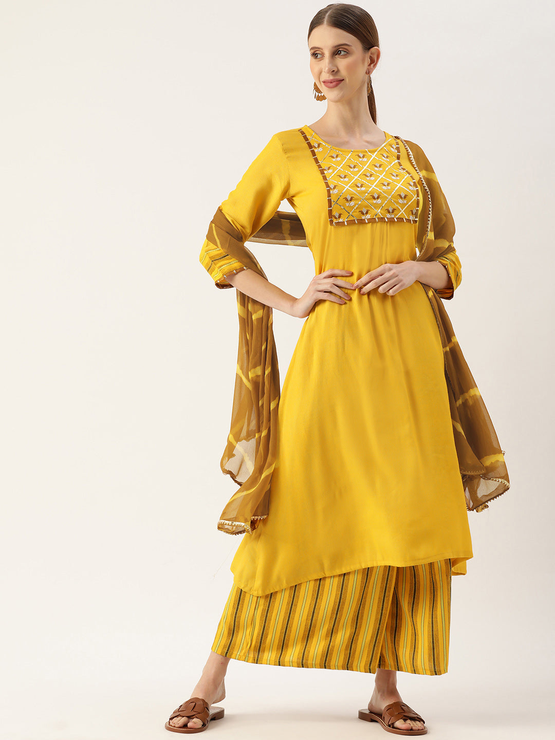 Women's Mustard Color Rayon Blend Embroidered A-Line Kurta Palazzo With Dupatta - Vaaba