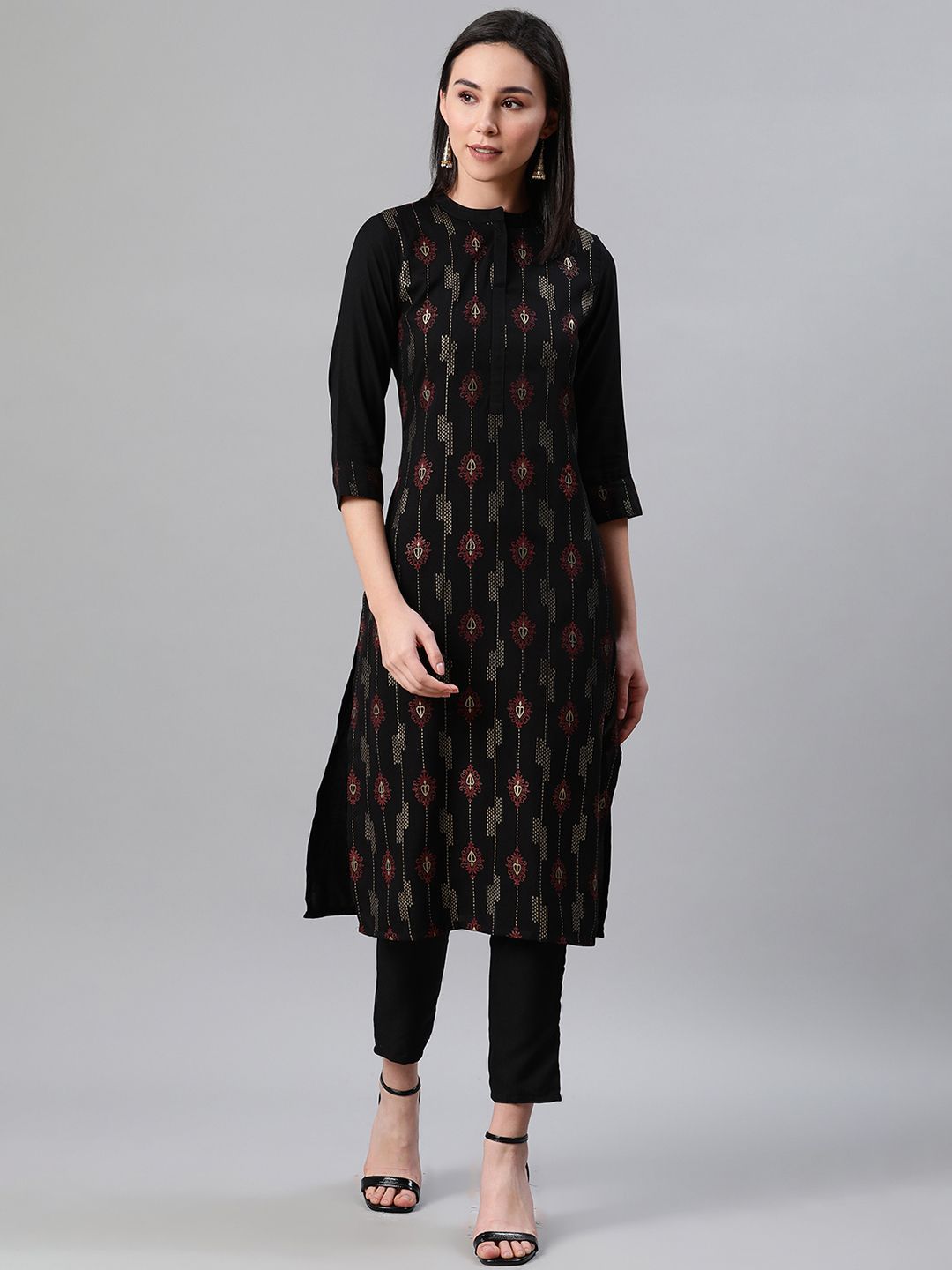 Women's Black Color Foil Print Straight Kurta And Pant Set - Ziyaa