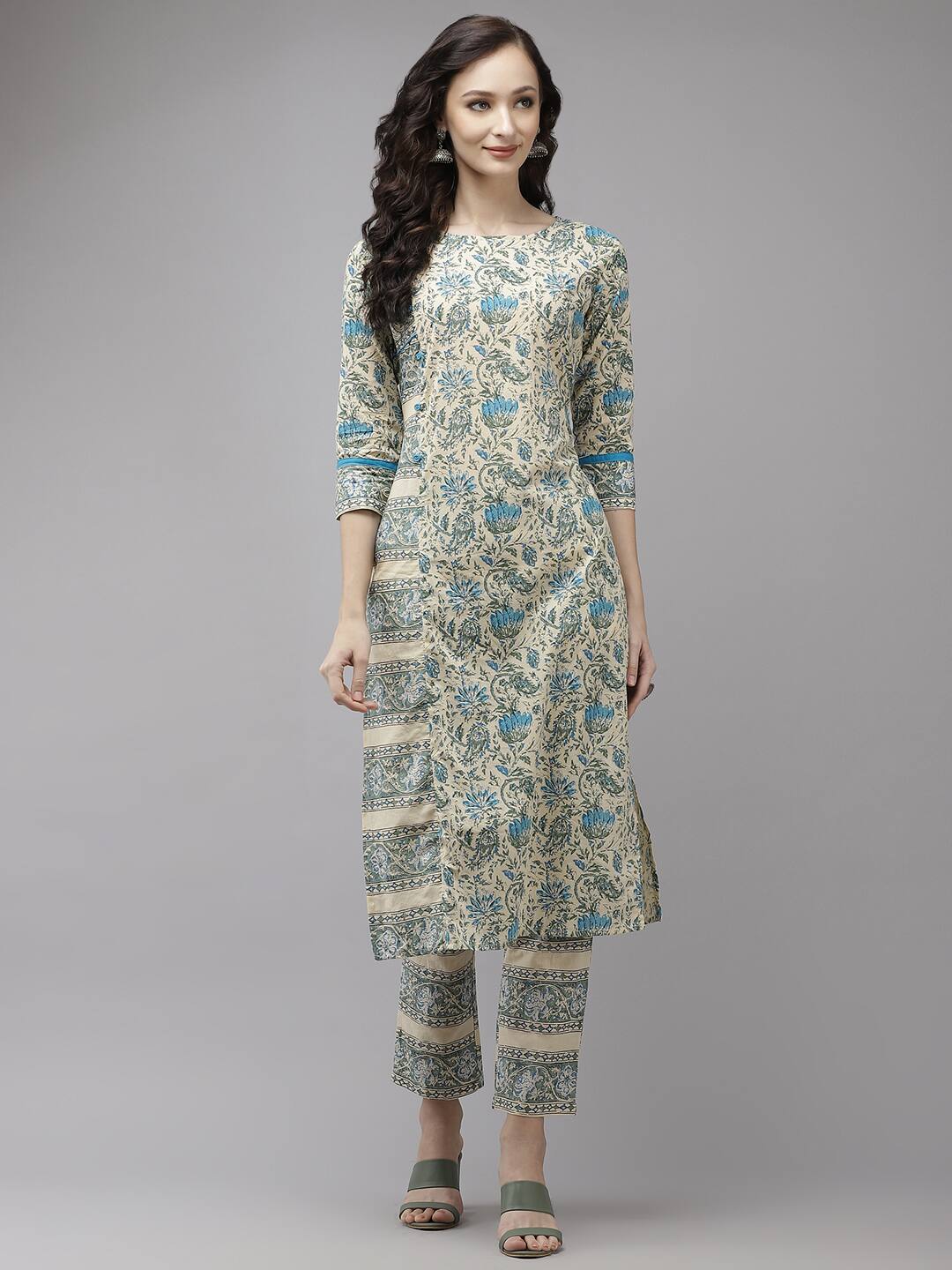 Women's Beige Floral Printed Regular Pure Cotton Kurta With Trousers - Yufta