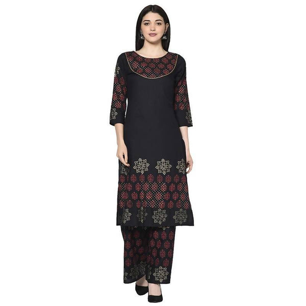 Women's Black Rayon Block print straight kurta Palazzo set - Aniyah