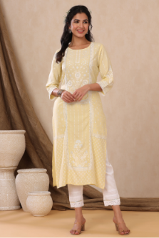 Women's Light Yellow Rayon Printed Straight Kurta - Juniper