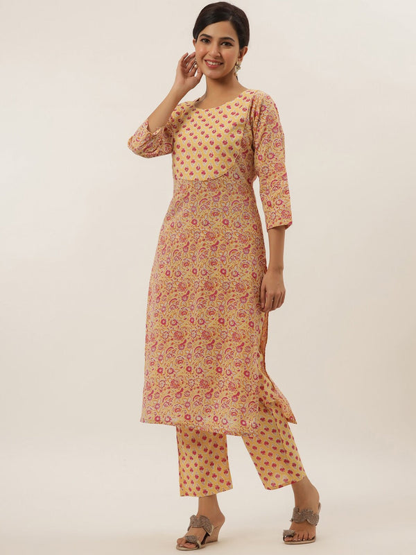 Yellow Ethnic Motifs Cotton Kurta Set-Indiakreations-JS6207SETYLS