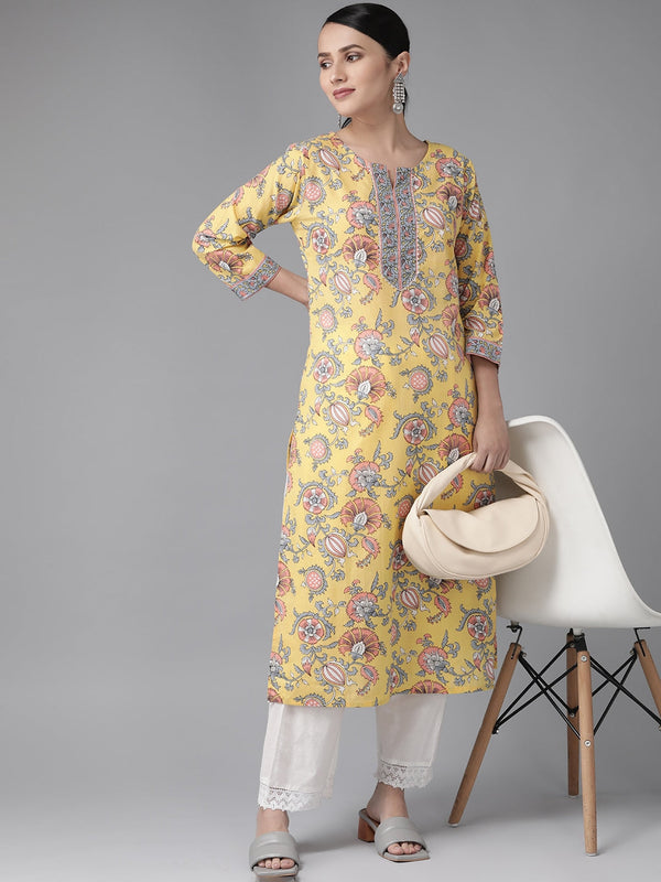 Yellow Floral Printed Kurta-Indiakreations-JS3903KURYLS