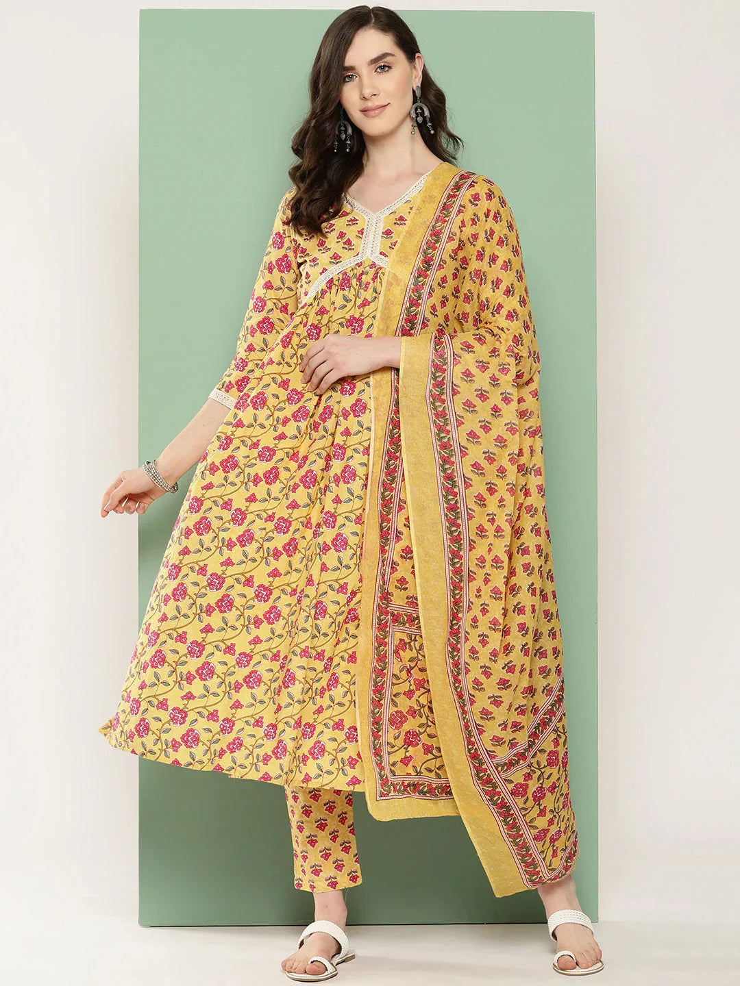 Yellow Floral Printed Regular Pure Cotton Kurta with Trousers & With Dupatta Set-Indiakreations-JS1335SKDYLS