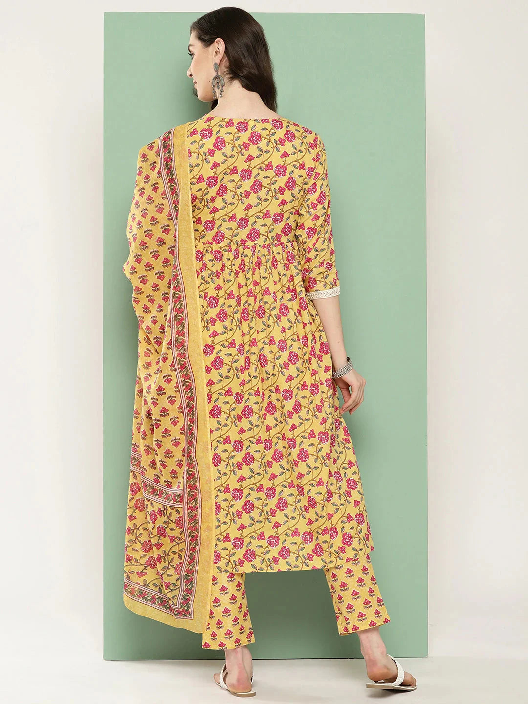 Yellow Floral Printed Regular Pure Cotton Kurta with Trousers & With Dupatta Set-Indiakreations-JS1335SKDYLS