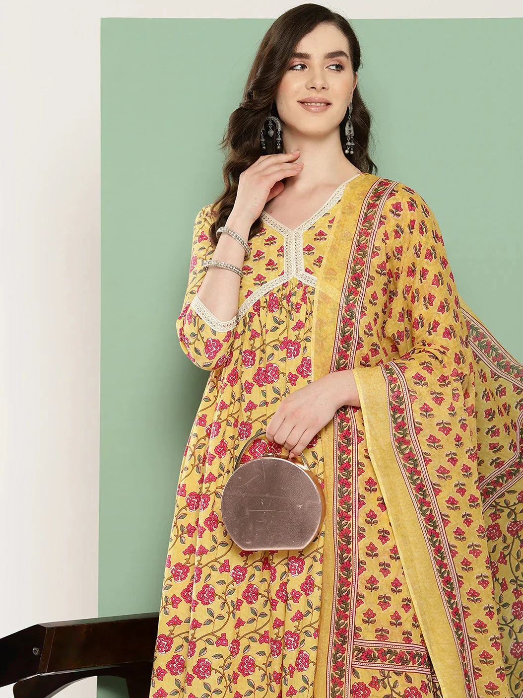 Yellow Floral Printed Regular Pure Cotton Kurta with Trousers & With Dupatta Set-Indiakreations-JS1335SKDYLS