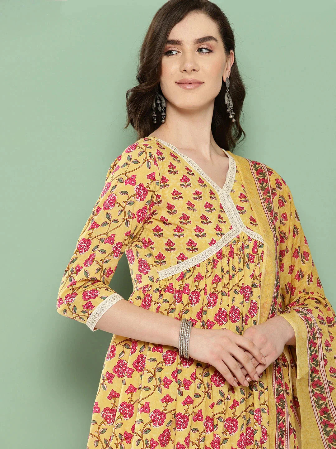 Yellow Floral Printed Regular Pure Cotton Kurta with Trousers & With Dupatta Set-Indiakreations-JS1335SKDYLS